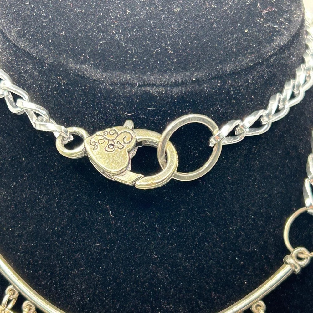Boho Silver Tone Bib Necklace Blue Iridescent Beads Coin Dangle Heart Clasp 21in - Picture 4 of 5